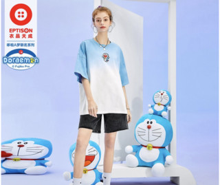 【哆啦A梦联名】女式t恤2021夏季新款个性渐变卡通印花短袖t恤 XL 蓝白渐变色