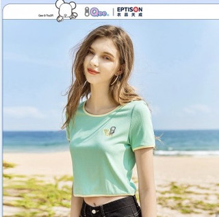 【Qee联名】夏季女式t恤短款撞色边修身短袖T恤 M 绿色