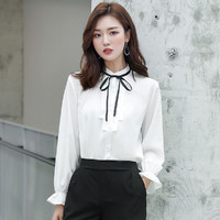 韩版长袖系带立领小清新衬衣气质百搭女式通勤衬衫