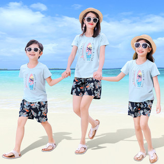 一家三口亲子母女装2021夏季新品男女大童海边休闲短袖套装薄