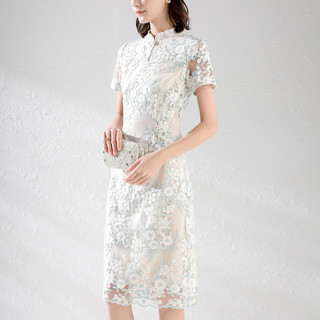 夏季中式改良中国风旗袍裙珍珠扣修身短袖刺绣连衣裙 L 绿色花