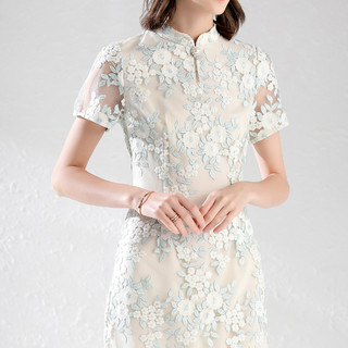 夏季中式改良中国风旗袍裙珍珠扣修身短袖刺绣连衣裙 L 绿色花