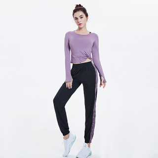 【时尚绑结】露脐纽褶长T恤条纹印花撞色束脚裤两件套装 XXL 浅紫色