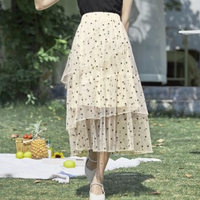 森马 Semir夏季新款高腰A字显瘦蛋糕裙网纱拼接波点印花女士半身裙女 L 白黑花版D0319