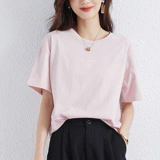 【纯棉舒适短袖t恤】拉夏贝尔旗下2021夏季新款时尚女式T恤 M 粉色