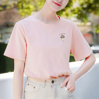 【100%纯棉】春夏韩版新款女式t恤女式打底衫女短袖女夏上衣 M 粉红色