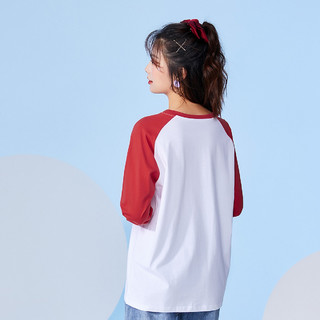 拉夏贝尔旗下Puella女款秋季长袖打底衫撞色插肩印花T恤女 S 红色