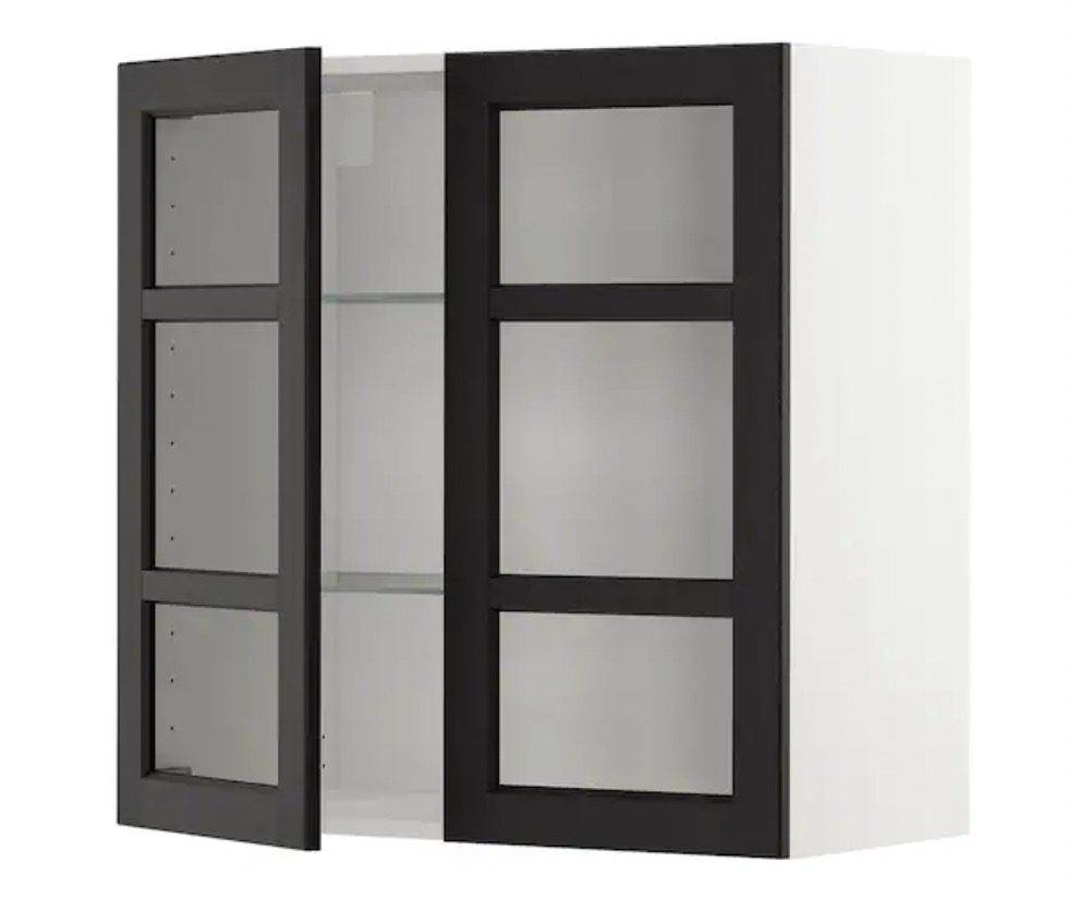 METOD 米多 搁板/玻璃双门壁柜 白色, 雷尔休坦 黑漆 80x37x80 厘米