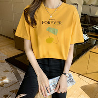 简约圆领印花女式T恤拉夏贝尔旗下2021春季新款短袖纯棉体恤 XL 黄色