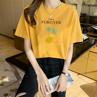 简约圆领印花女式T恤拉夏贝尔旗下2021春季新款短袖纯棉体恤 M 黄色
