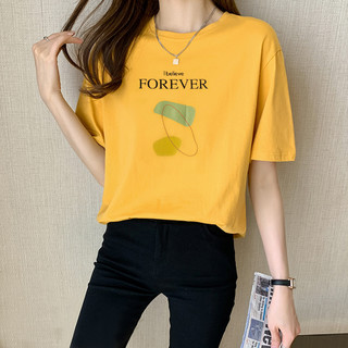 简约圆领印花女式T恤拉夏贝尔旗下2021春季新款短袖纯棉体恤 S 黄色