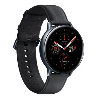 SAMSUNG 三星 Galaxy Watch Active 2 智能手表 44mm 伯爵黑不锈钢表盘 黑色皮革表带（GPS、扬声器）