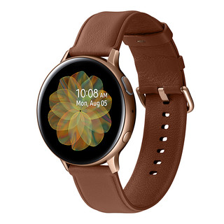 SAMSUNG 三星 Galaxy Watch Active 2 智能手表 44mm 锋芒金不锈钢表盘 棕色皮革表带（GPS、扬声器）