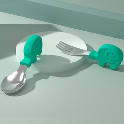 运宝 短柄不锈钢叉勺 宝宝餐具套装 硅胶手柄勺 儿童辅食勺 训练儿童餐具 小象绿