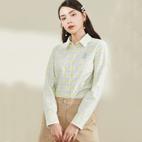 衣恋【专柜同款】春季时尚休闲百搭撞色格纹刺绣翻领长袖衬衣女 L 黄色