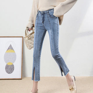 拉夏贝尔旗下2021年春季新款时尚气质百搭显瘦显腿长女式牛仔裤 S 浅蓝