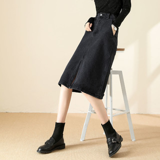拉夏贝尔旗下新款韩版显瘦收腰中长女款牛仔时尚百搭半身裙女 S 黑色