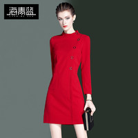 海青蓝洋气红色裙子女2021春新款小众设计感修身气质连衣裙17477