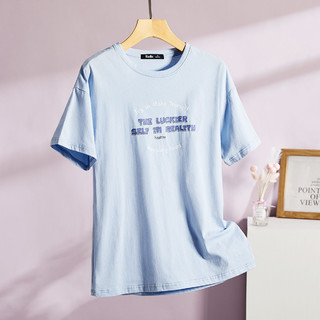 Puella 拉夏贝尔旗下2021春季新品女款印花T恤纯棉圆领短袖上衣 M 浅蓝
