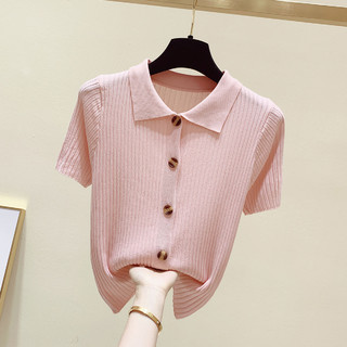 港味复古Polo领针织衫女拉夏贝尔旗下2021夏季新款短袖衫 M 粉色