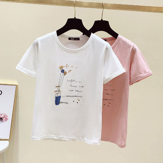 Puella 拉夏贝尔旗下2021春季新品女款印花T恤纯棉圆领短袖上衣 L 粉色