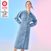 【KH联名】连衣裙女中长款秋季腰部可调节牛仔连衣裙 S 牛仔蓝