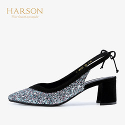 HARSON 哈森 哈森夏季尖头亮片后空宴会高跟鞋 时尚一字带粗跟凉鞋女HM92401