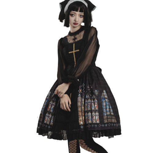 CEL洋装设计 Lolita洛丽塔 古典 彩窗 女士正开襟JSK无袖连衣裙 黑色 L