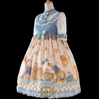 CEL洋装设计 Lolita洛丽塔 爱丽丝兔 女士小高腰OP短袖连衣裙 浅蓝/米黄 L