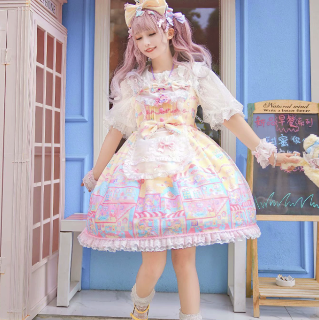 吸吸猫 Lolita洛丽塔 彩虹娃娃屋 女士JSK无袖连衣裙 淡奶黄 小码