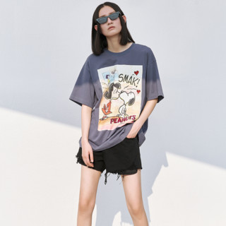 MO&Co. 摩安珂 史努比联名系列 女士短袖T恤 MBA2TEE020 灰蓝色 XS