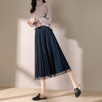 La Chapelle拉夏贝尔旗下新款优雅网纱裙女式高腰显瘦百褶裙中长款半截裙 XL 蓝绿