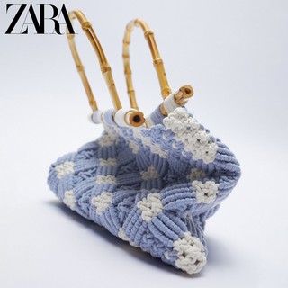 ZARA 新款 女包 竹子蓝色草编花边手提休闲购物包 16455710009