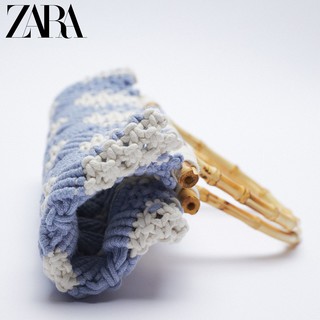 ZARA 新款 女包 竹子蓝色草编花边手提休闲购物包 16455710009