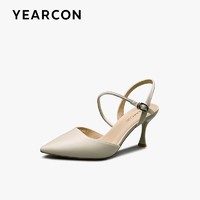 YEARCON 意尔康 意尔康2021夏季新款一字扣真皮半包头单鞋女尖头细跟不累脚高跟鞋