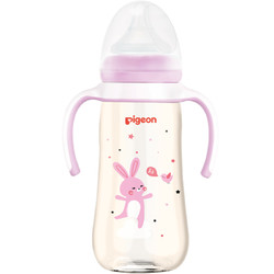 Pigeon 贝亲 婴儿奶瓶宽口径PPSU彩绘奶瓶带把手 330ml粉色小兔L码奶嘴(6月+)