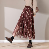 La Chapelle拉夏贝尔旗下新款女款可爱风时尚气质心形印花网纱半截裙女高腰 L 咖啡色