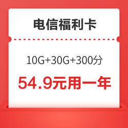 CHINA TELECOM 中国电信 福利卡（10G通用 30G定向 300分钟，视频VIP会员12个月4选1）