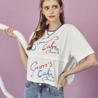 【西蒙的猫联名】女式t恤2021夏新款短款拼接设计感纯棉短袖T恤 L 白色