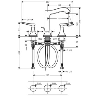 hansgrohe 汉斯格雅 梦迪宝系列 31331097 双把手三孔台盆龙头