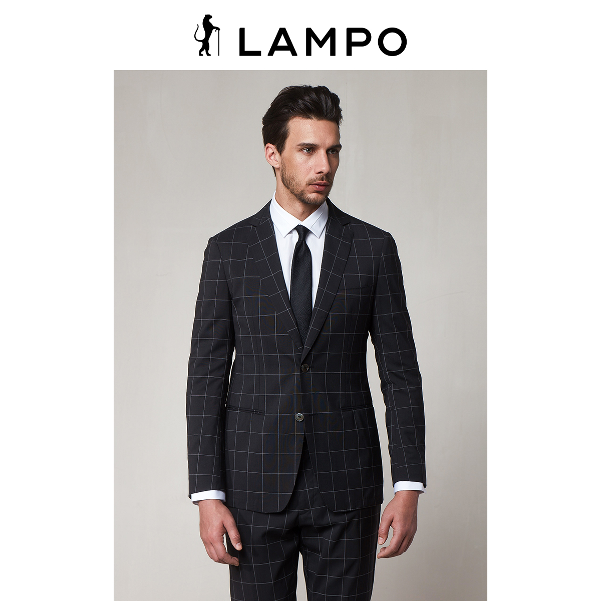LAMPO/蓝豹男西服套装上装商务黑白大格丝羊毛商务西装外套 48 黑白大格