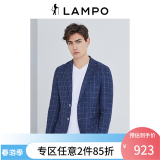 LAMPO 蓝豹 春夏男士商务休闲时尚全亚麻格纹套装西服上衣 外套 48C 深蓝格