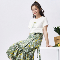 森马 Semir【时尚套装女】2021夏新款镂空时尚短袖T恤印花蝴蝶结半身裙 XL 白绿色调0114