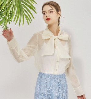 2021夏季新品清透纯色微透系带气质女式衬衫女夏季上衣设计感 L 芸豆白