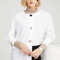 女士新品纯棉圆领多样纽扣潮流衬衫S|420105515 XS 漂白色OPTIC WHITE