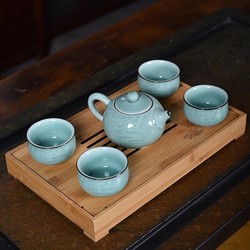 龙泉青瓷 祥云茶具5头 配以竹制茶盘 龙泉窑 原矿釉