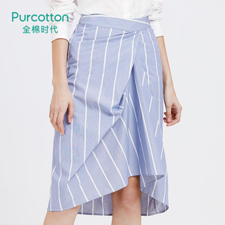 Purcotton 全棉时代 Purcotton/全棉时代半身裙中长撞色条纹半身裙文艺不规则褶皱半裙