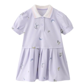安奈儿童装女童连衣裙短袖2021夏新款运动风宝宝公主裙薄 120 紫白花