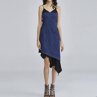 夏季荷叶边绑带无袖牛仔裙女士连衣裙 S 牛仔蓝