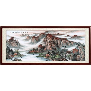 艺术品：尚得堂 毛远骏 手绘国画山水画《锦绣山河》沙比利实木框 装裱218*88 宣纸